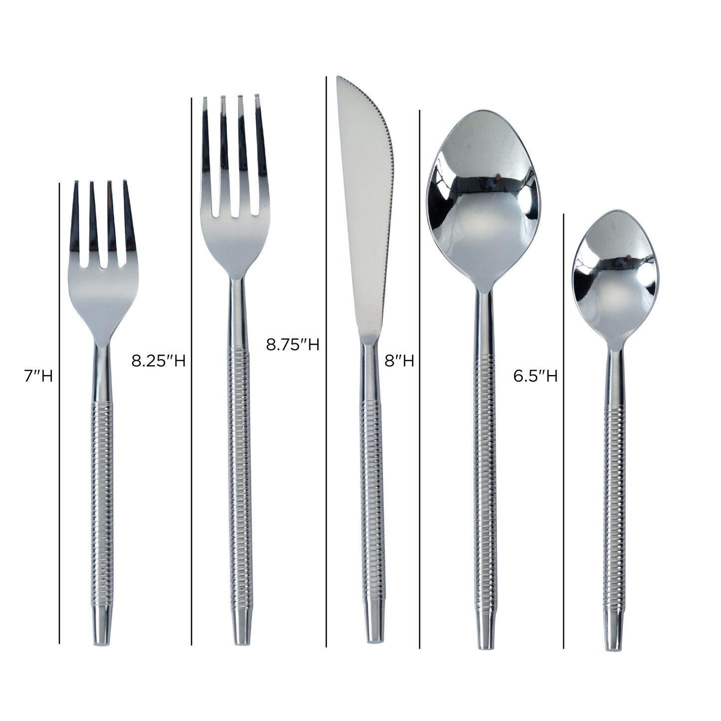 Ribbed Silver Stainless Steel Flatware - Set of 5 Pieces - Service For 1 - Image 4