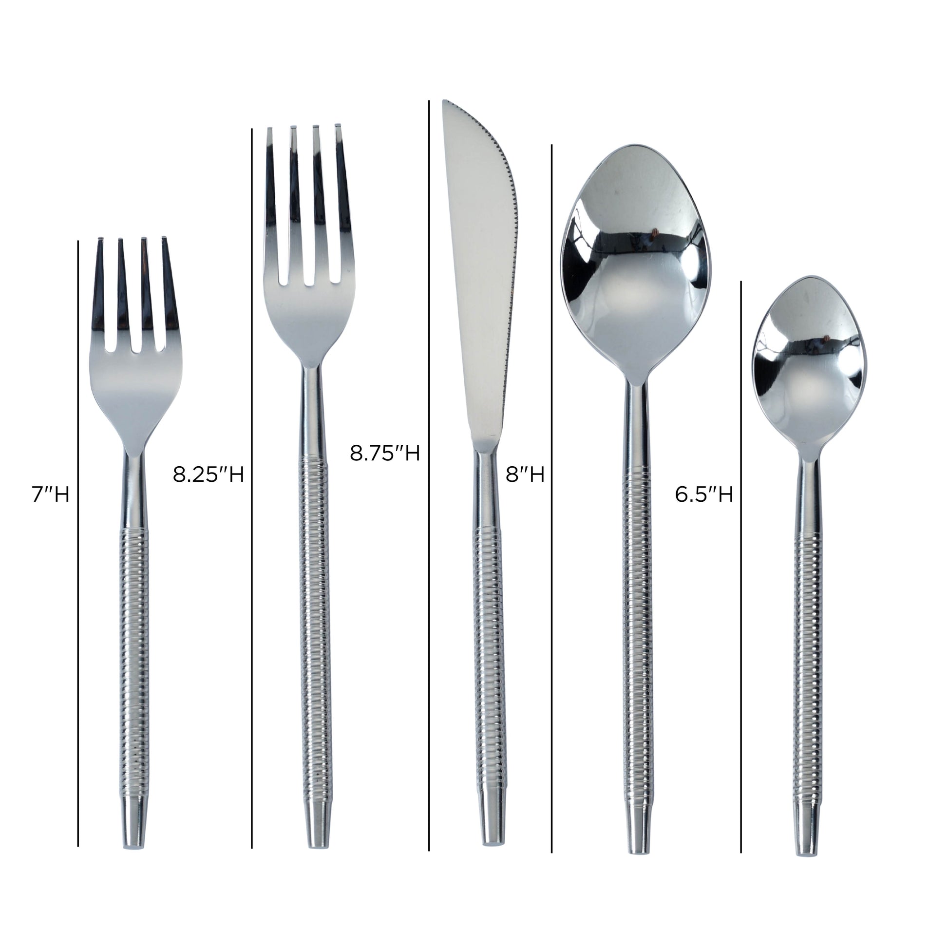 Ribbed Silver Stainless Steel Flatware - Set of 5 Pieces - Service For 1 - Image 4
