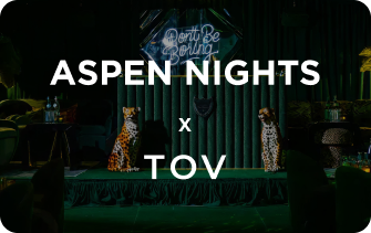 Promotional graphic for 'Aspen Nights x TOV' event with people in leopard print outfits and a neon sign.