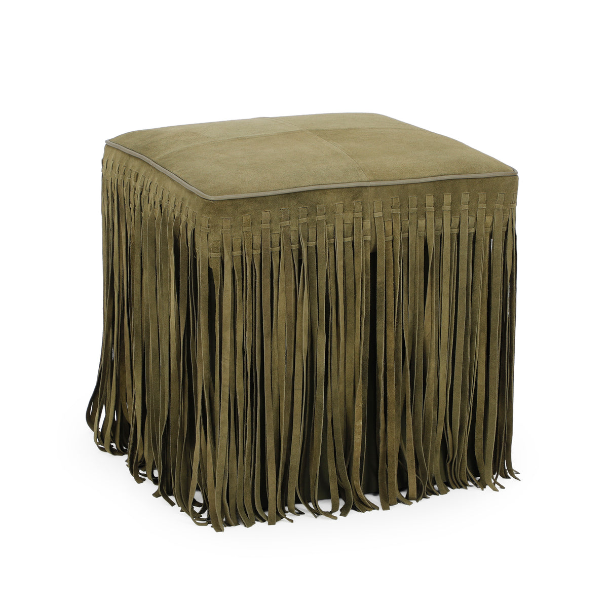 Daphne Square Suede Fringe Ottoman - Olive Green - Image 2