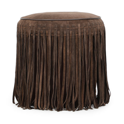Daphne Round Suede Fringe Ottoman - Chocolate Brown - Image 1