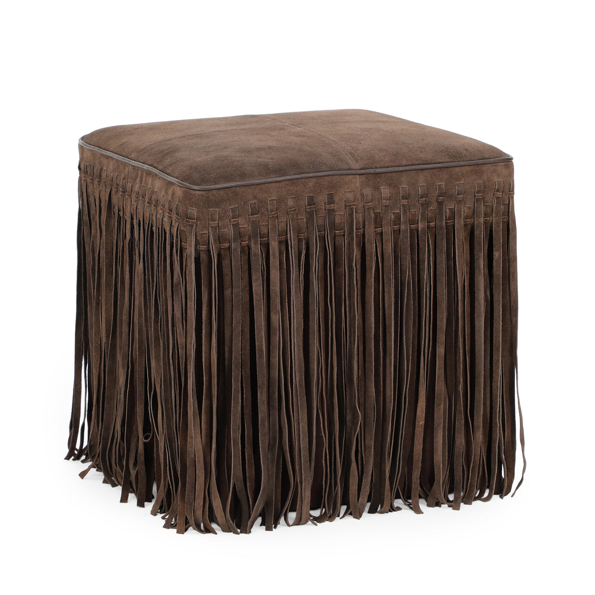 Daphne Square Suede Fringe Ottoman - Chocolate Brown - Image 2