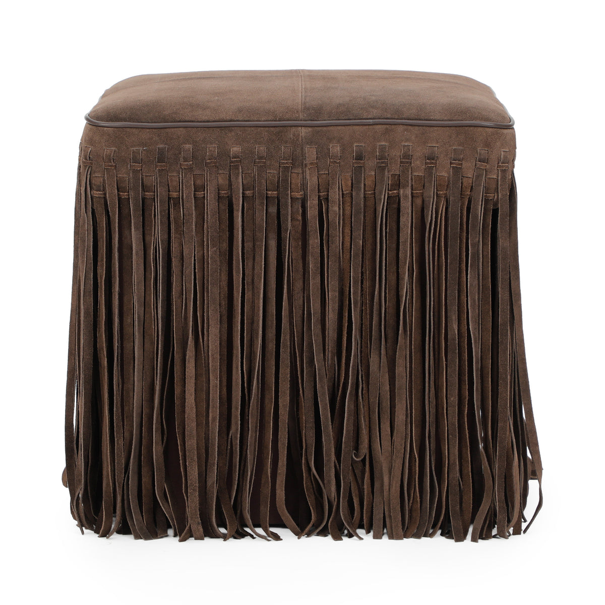 Daphne Square Suede Fringe Ottoman - Chocolate Brown - Image 1