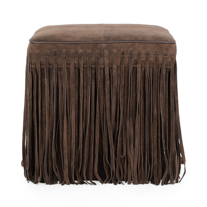 Daphne Square Suede Fringe Ottoman - Chocolate Brown - Image 1