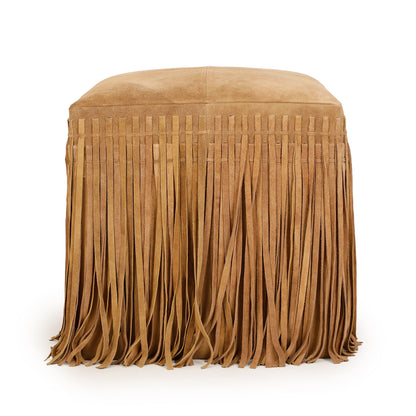 Daphne Square Suede Fringe Ottoman - Saddle Brown - Image 1