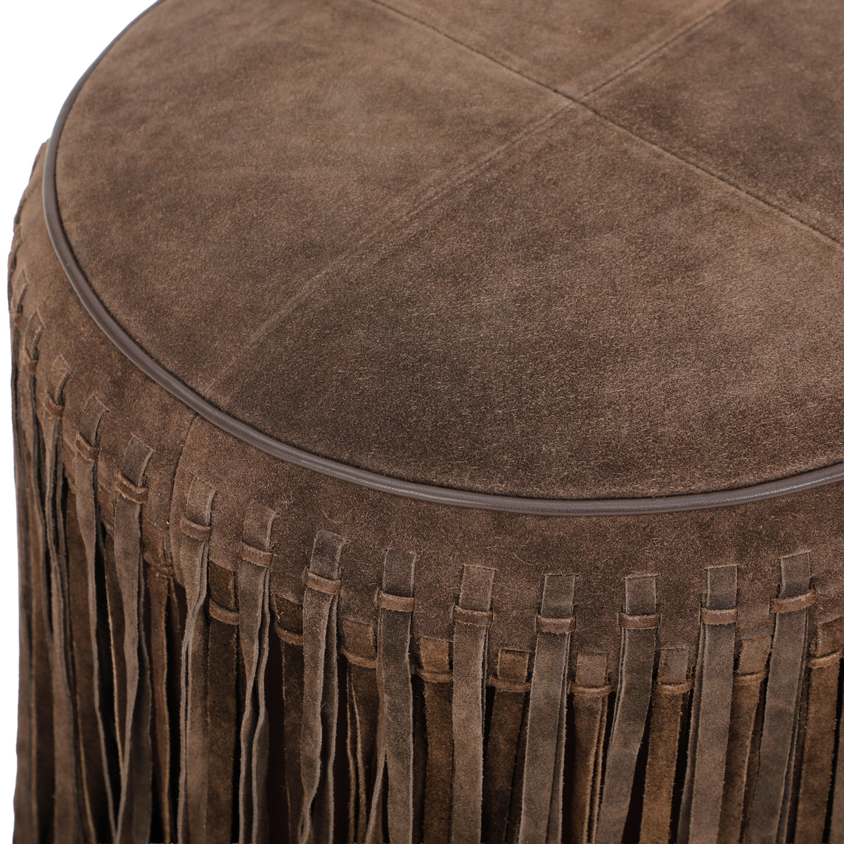 Daphne Round Suede Fringe Ottoman - Chocolate Brown - Image 3
