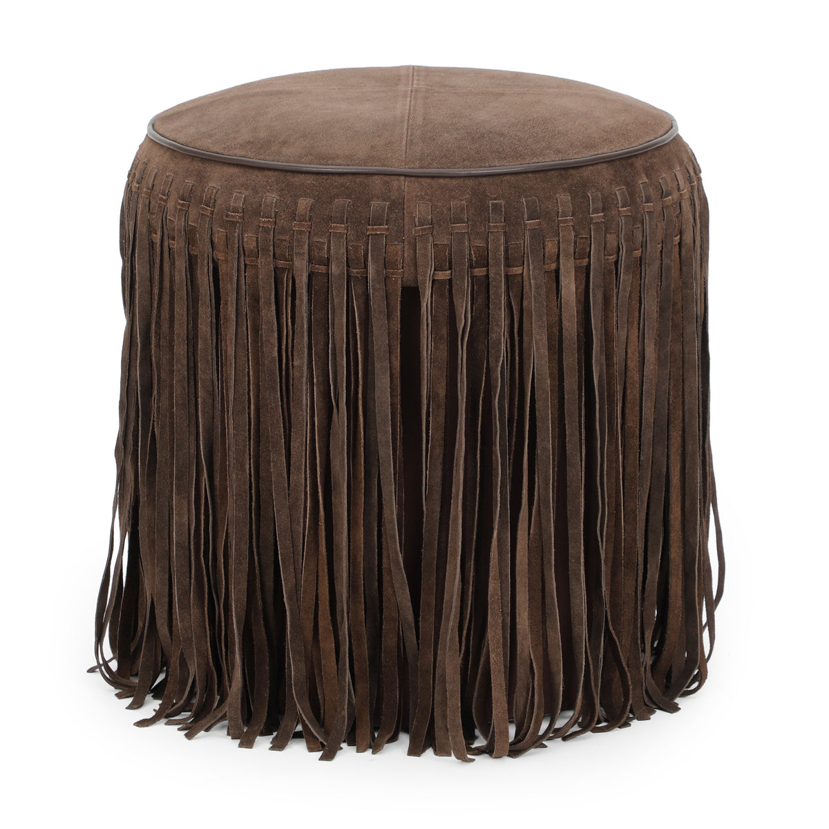 Daphne Round Suede Fringe Ottoman - Chocolate Brown - Image 2