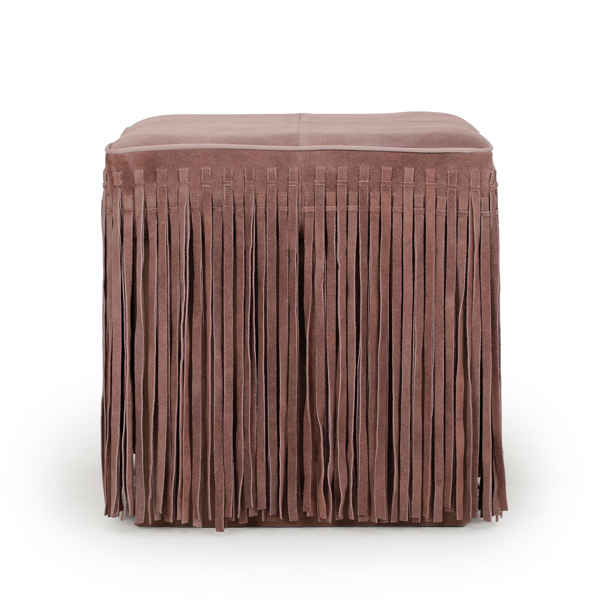 Daphne Square Suede Fringe Ottoman - Dusty Pink - Image 1