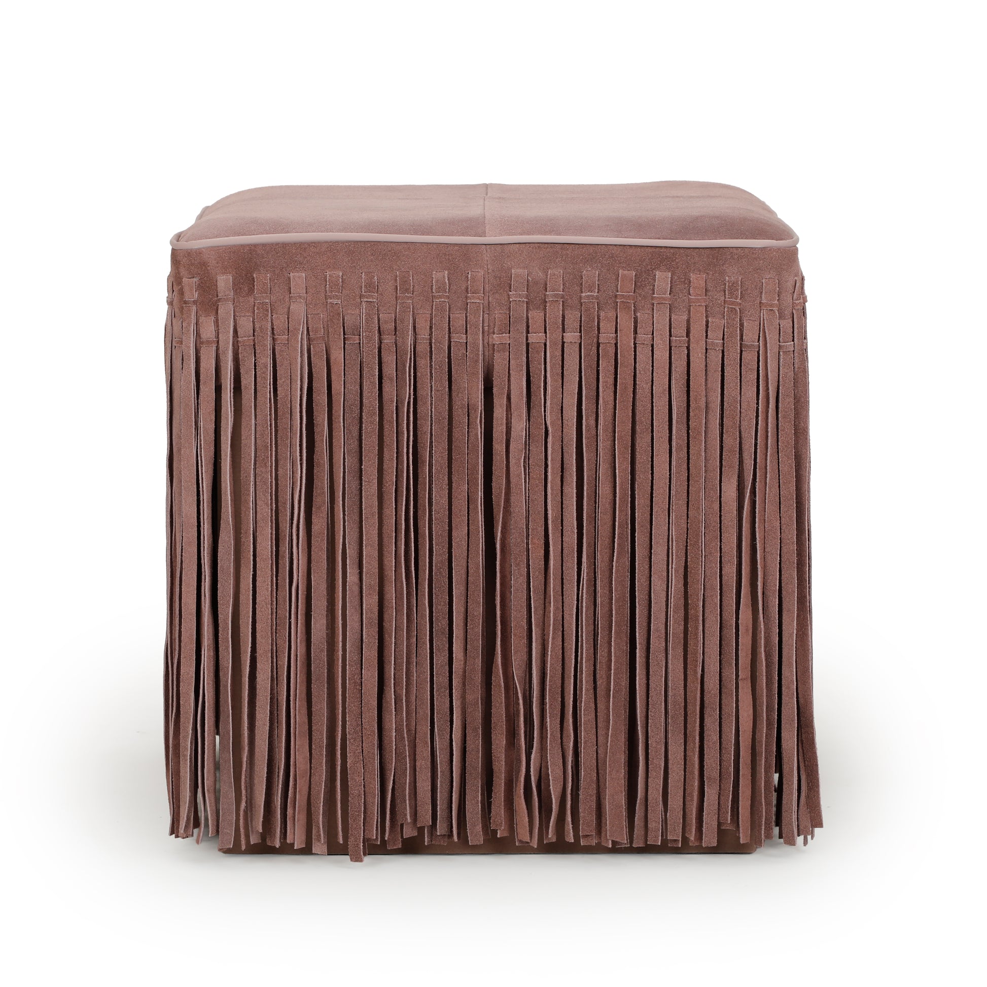 Daphne Square Suede Fringe Ottoman - Dusty Pink - Image 1