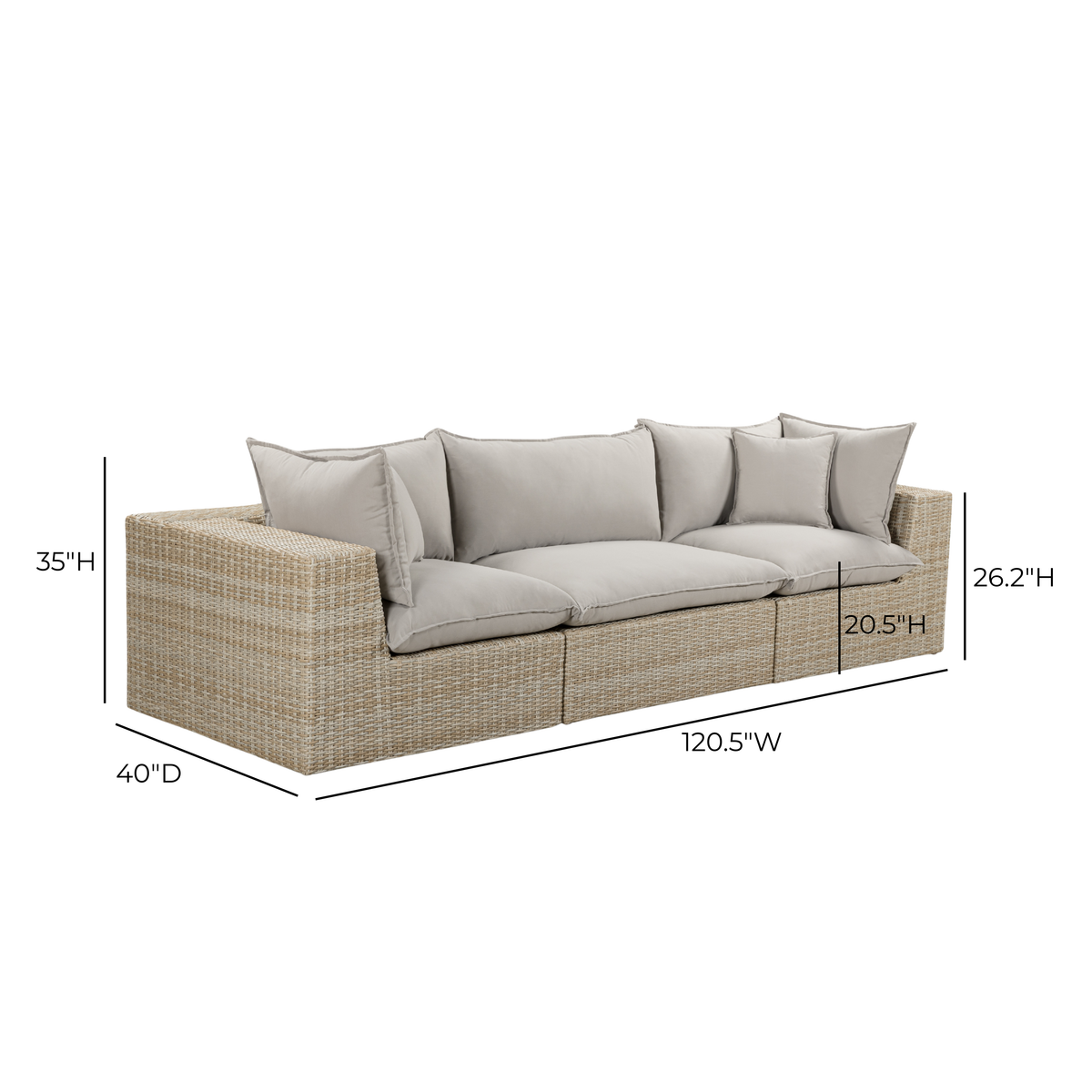 Cali 120" Performance Fabric & Wicker Outdoor Sofa - Grey / Natural - Image 6