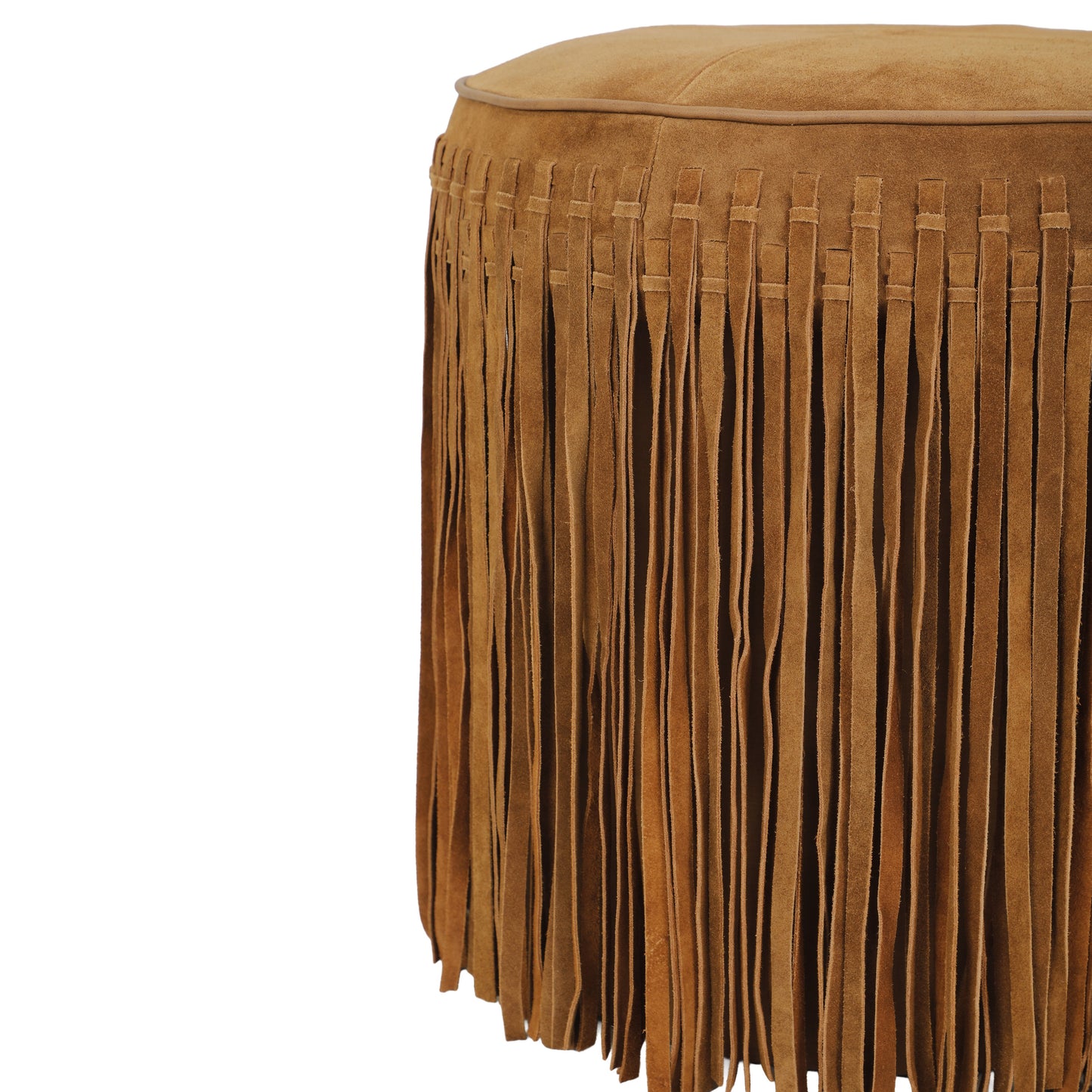 Daphne Round Suede Fringe Ottoman - Cognac - Image 4