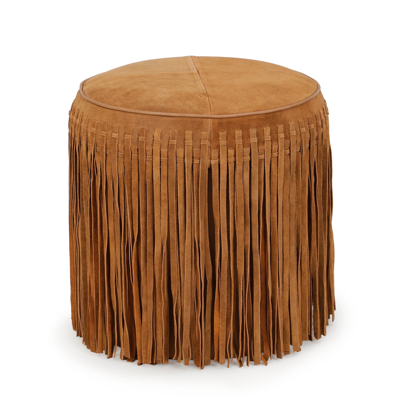 Daphne Round Suede Fringe Ottoman - Cognac - Image 2