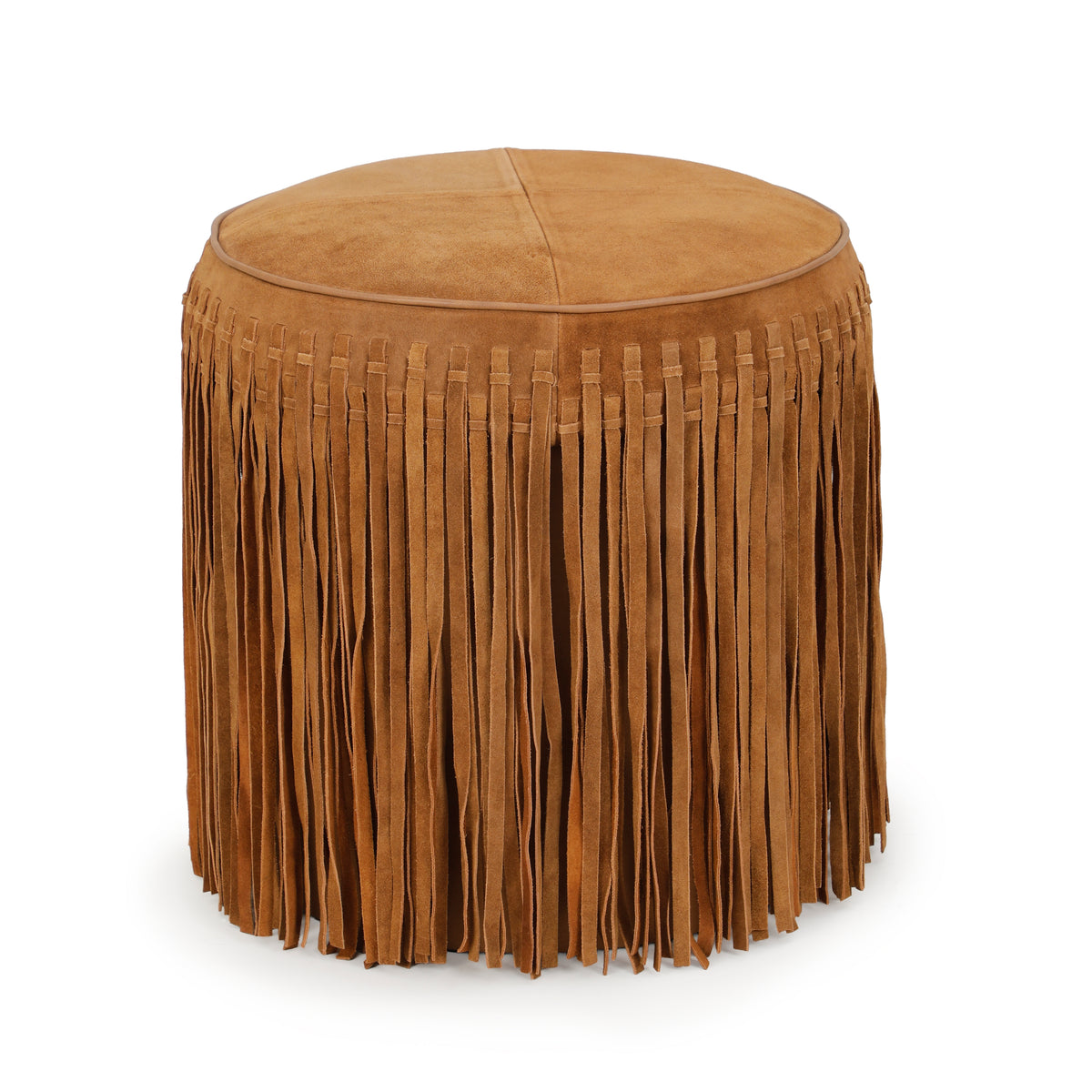 Daphne Round Suede Fringe Ottoman - Cognac - Image 2