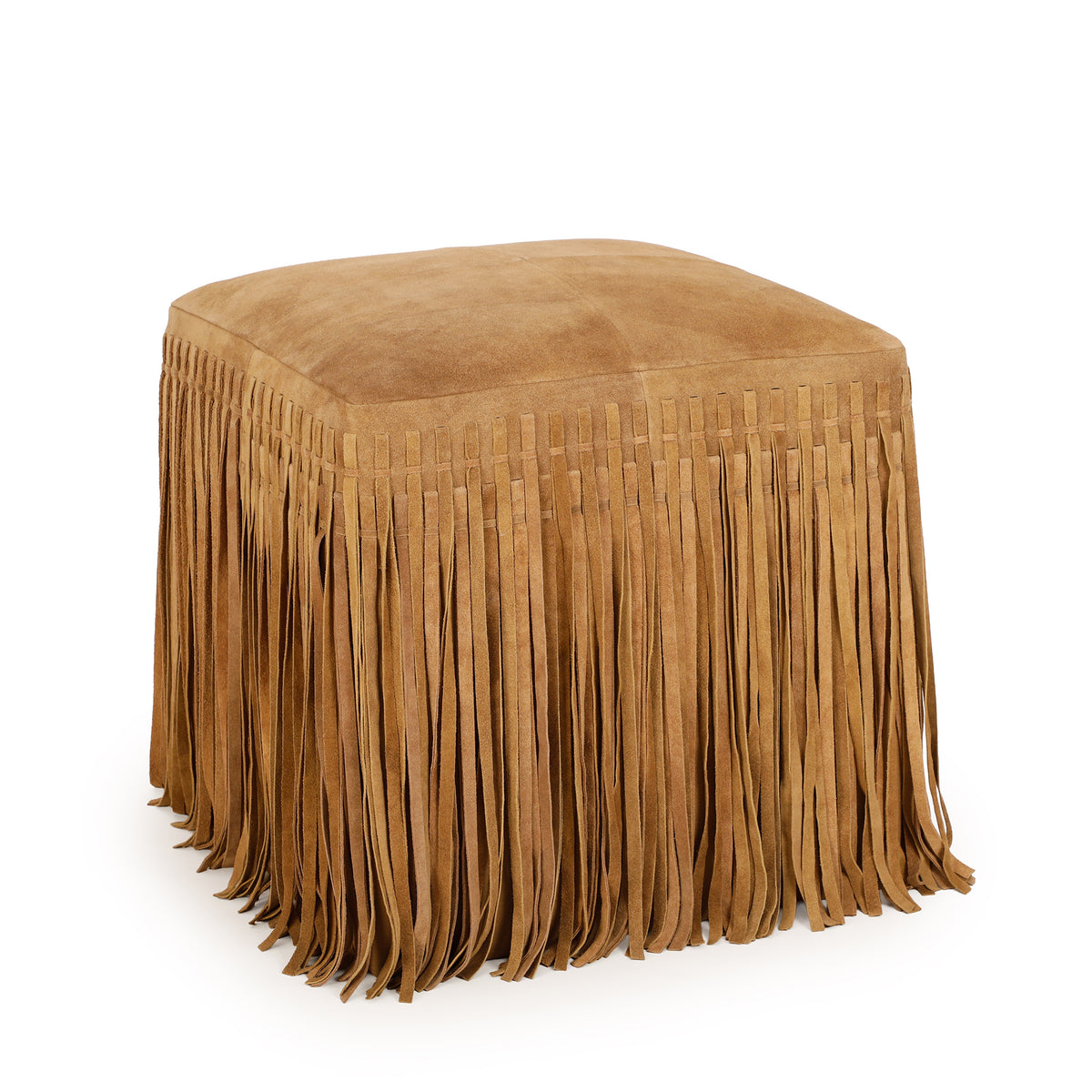 Daphne Square Suede Fringe Ottoman - Saddle Brown - Image 3
