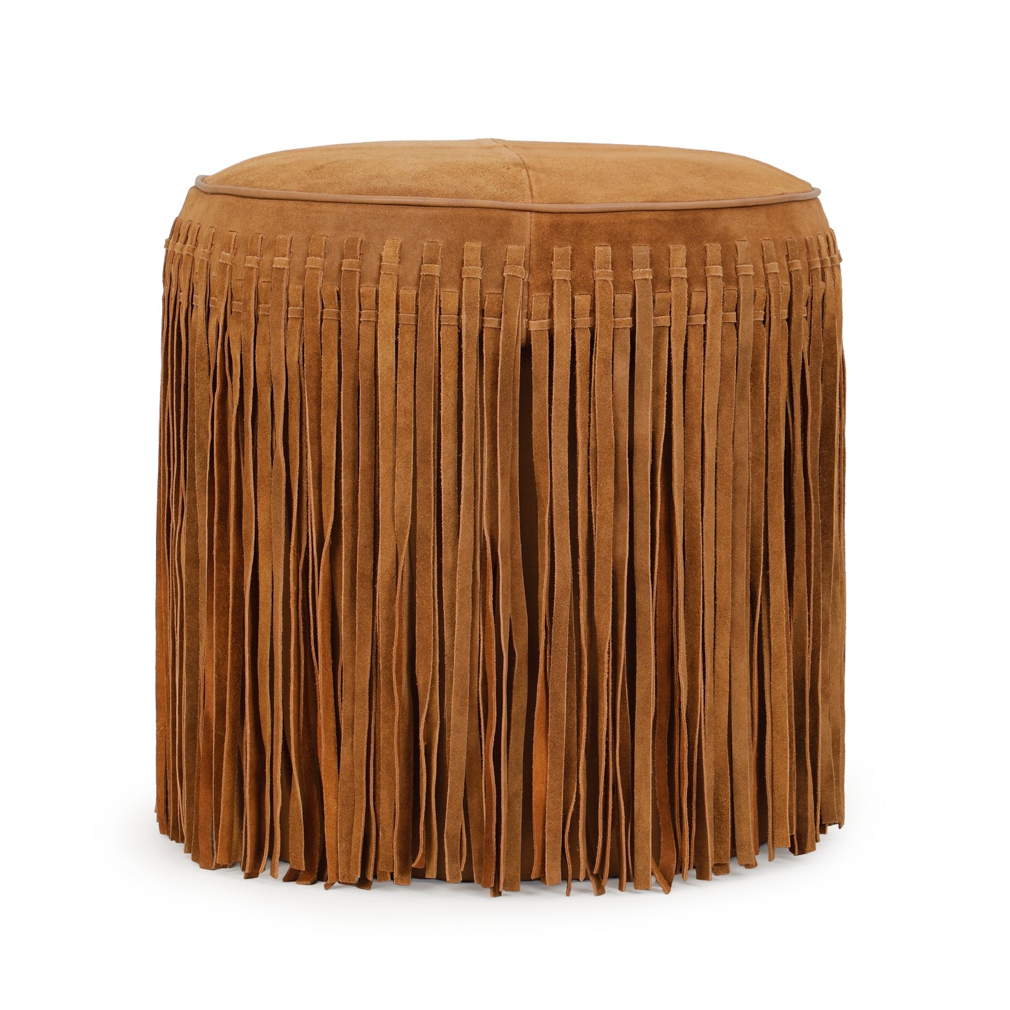 Daphne Round Suede Fringe Ottoman - Cognac - Image 1