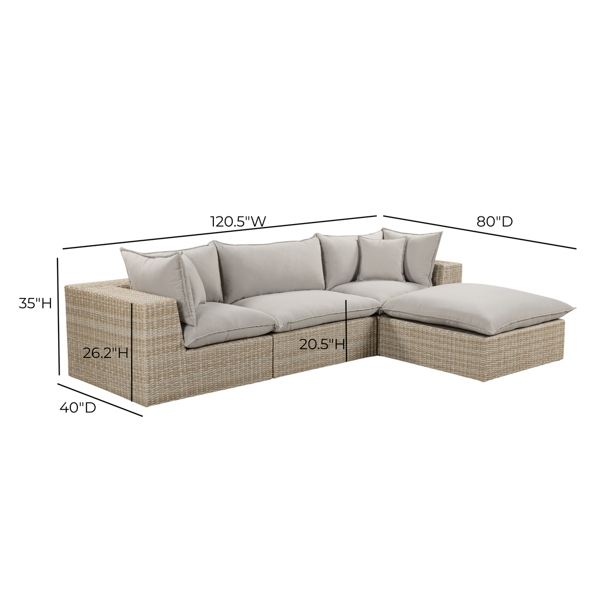 Cali 4-Piece Performance Fabric & Wicker Outdoor Sectional - Grey / Natural - Image 7