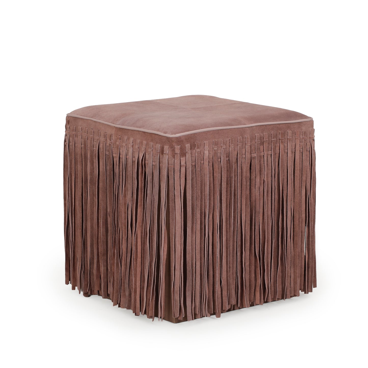Daphne Square Suede Fringe Ottoman - Dusty Pink - Image 4