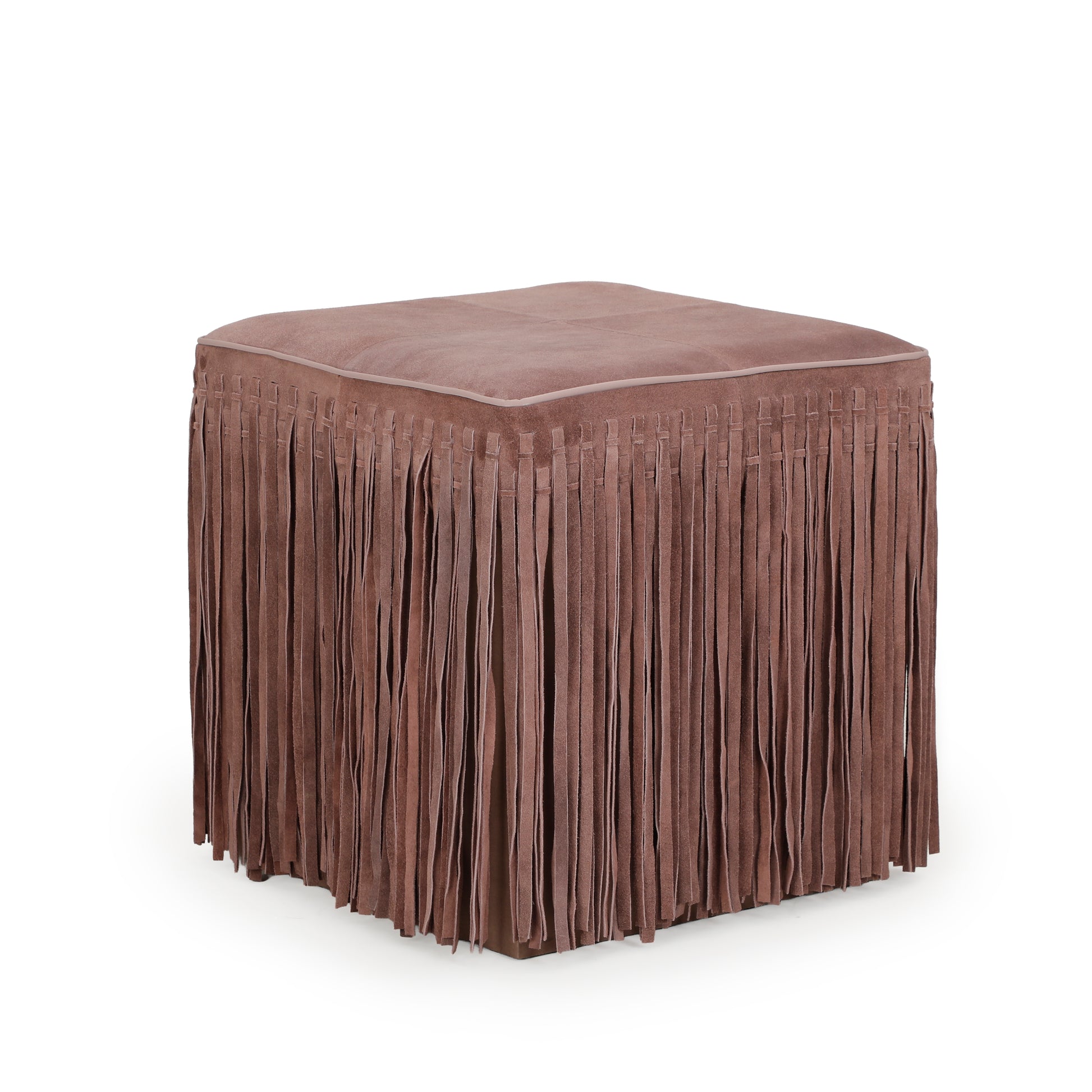Daphne Square Suede Fringe Ottoman - Dusty Pink - Image 4
