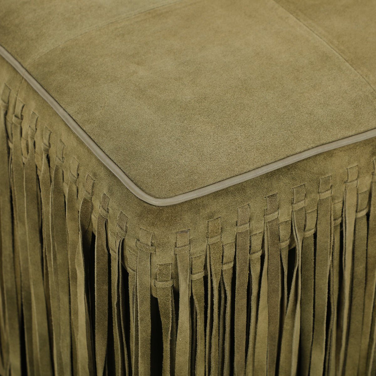 Daphne Square Suede Fringe Ottoman - Olive Green - Image 3