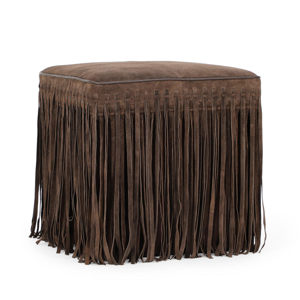 Daphne Square Suede Fringe Ottoman - Chocolate Brown - Image 3