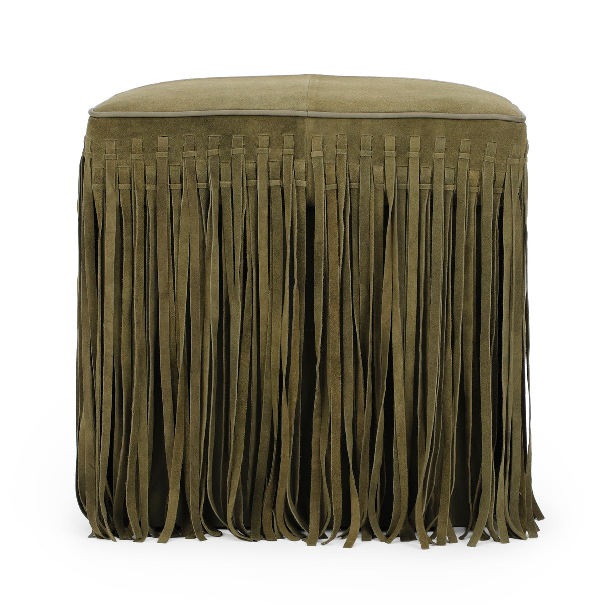 Daphne Square Suede Fringe Ottoman - Olive Green - Image 1