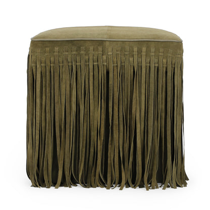 Daphne Square Suede Fringe Ottoman - Olive Green - Image 1