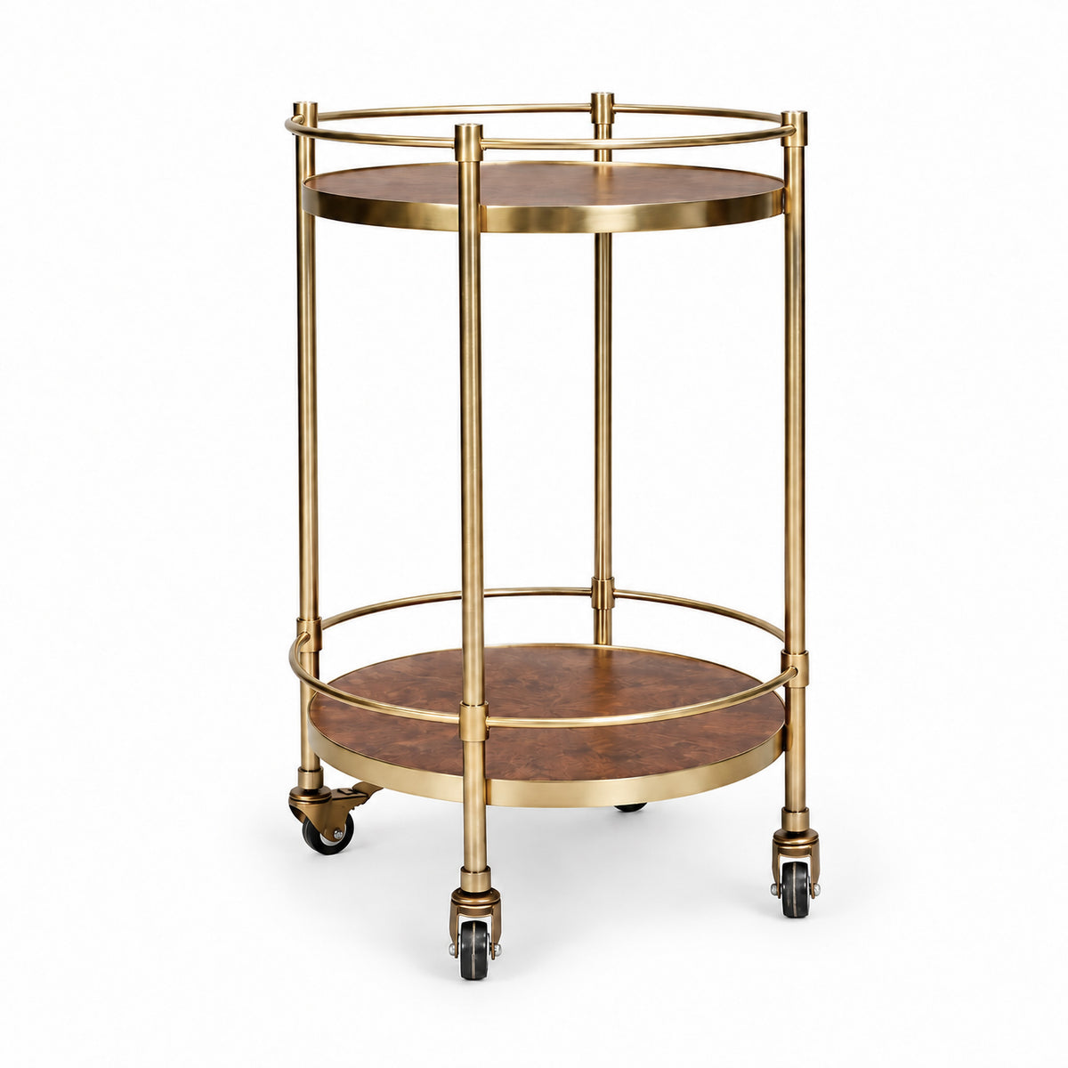 Desiree Brown Burl and Gold Round Bar Cart - Image 1