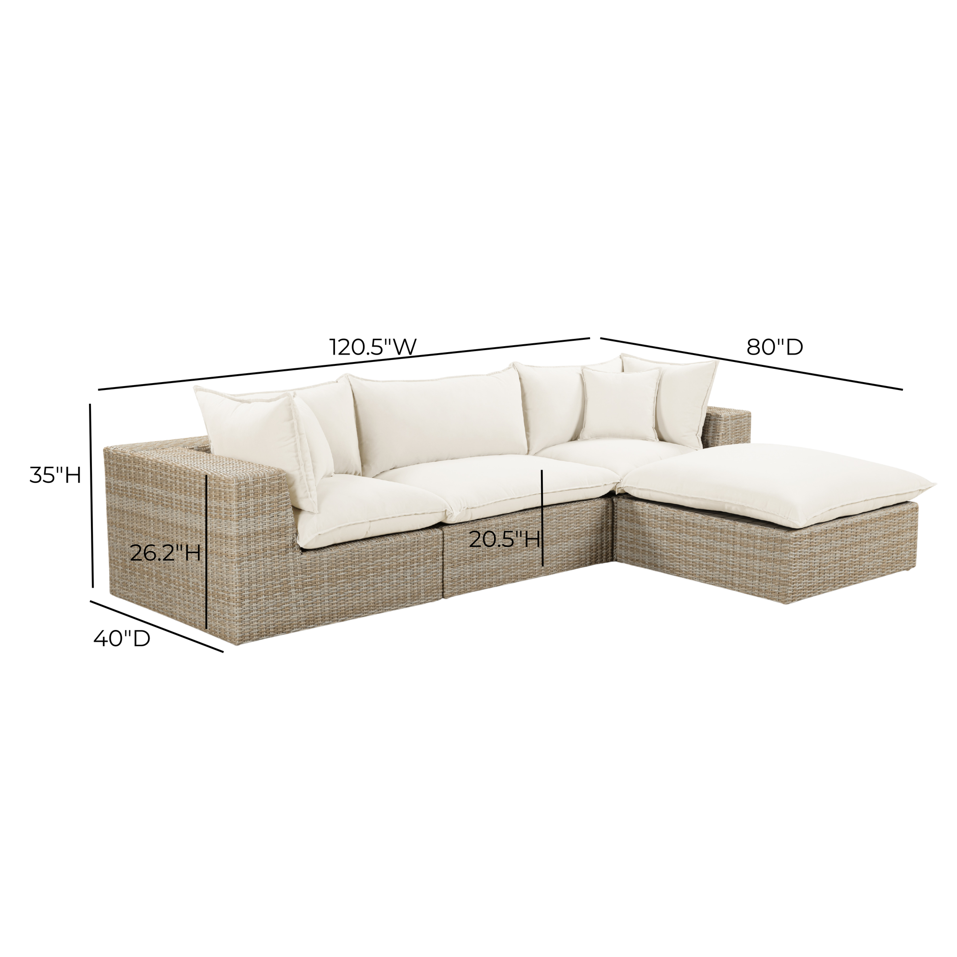 Cali 4-Piece Performance Fabric & Wicker Outdoor Sectional - Cream / Beige - Image 8