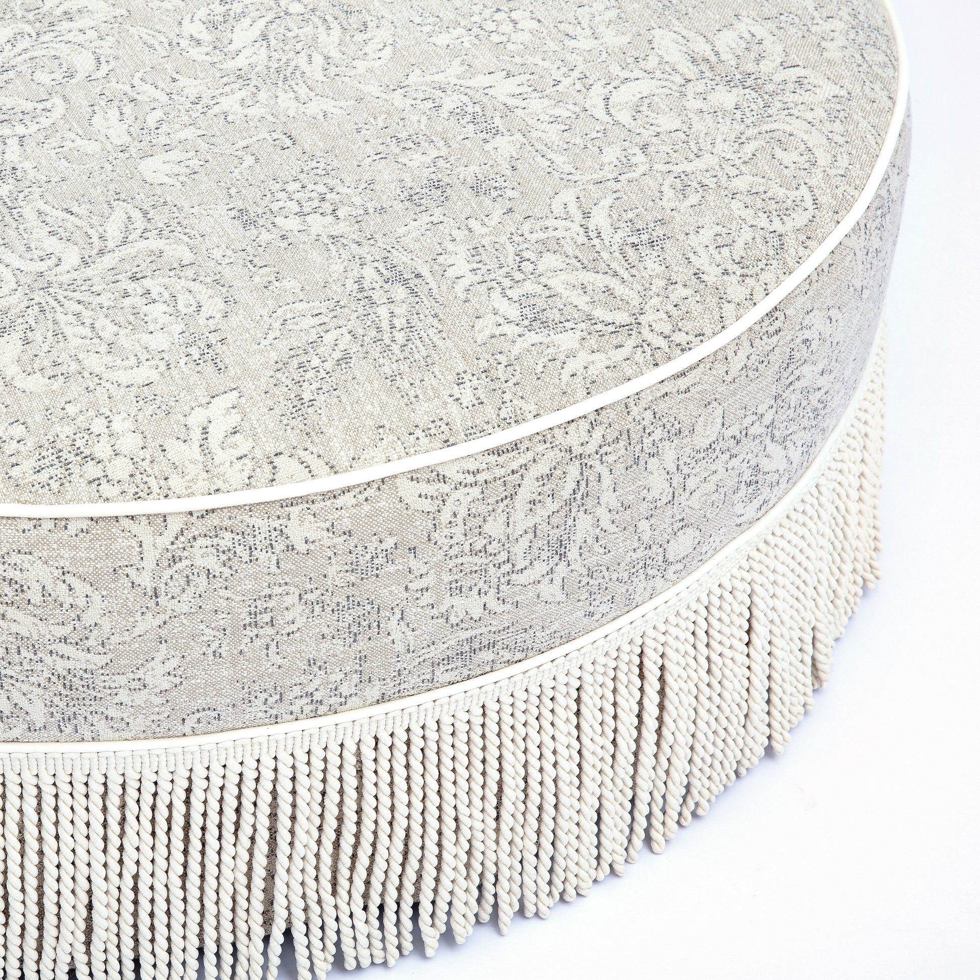 Tassy Tasseled Round Ottoman - Neutral Floral - Image 4
