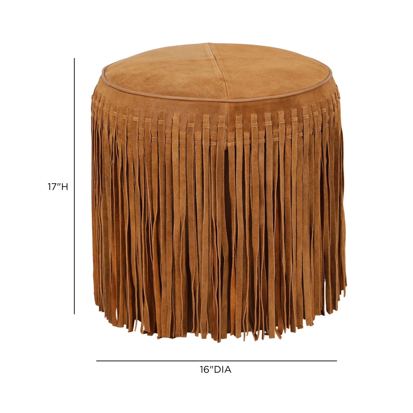 Daphne Round Suede Fringe Ottoman - Cognac - Image 6