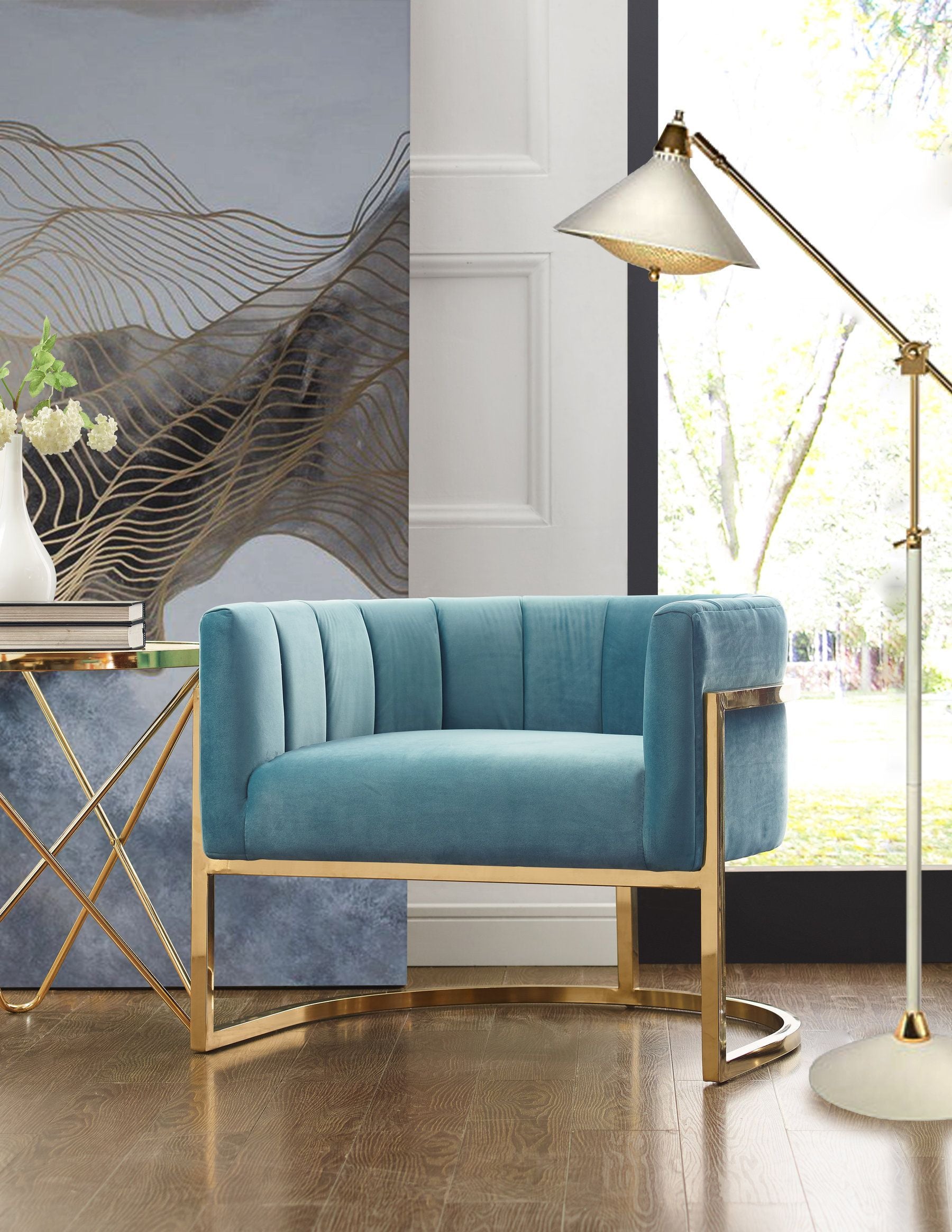 Blue velvet chair discount with gold frame