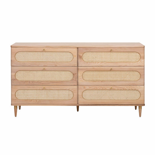 Carmen 63" Natural Ash and Cane 6-Drawer Dresser - Image 1