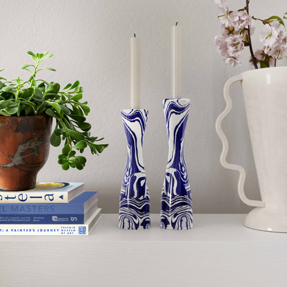 Serene Blue & White Swirl Resin Candlestick - Large - Image 1