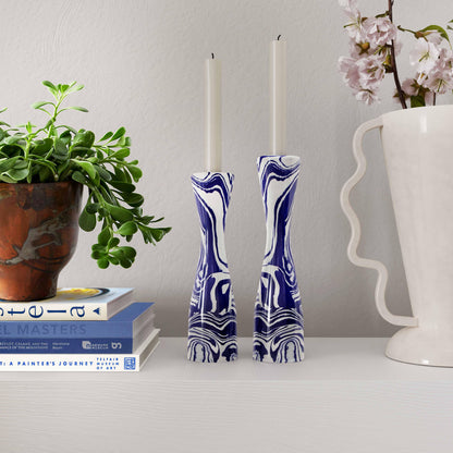 Serene Blue & White Swirl Resin Candlestick - Medium - Image 1