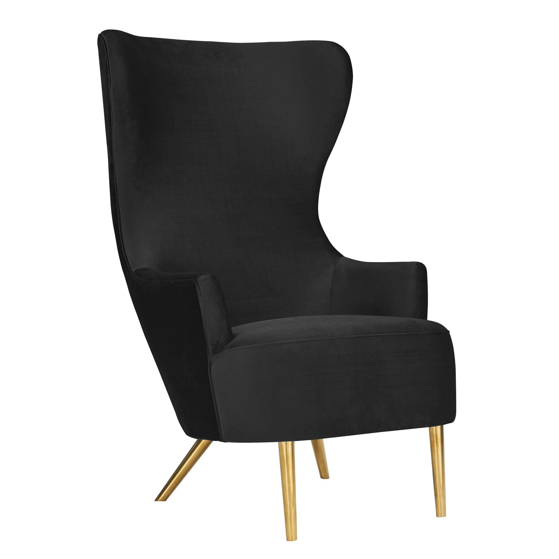 Close-up of black upholstery and gold leg tip of the chair, emphasizing texture and tapering leg.