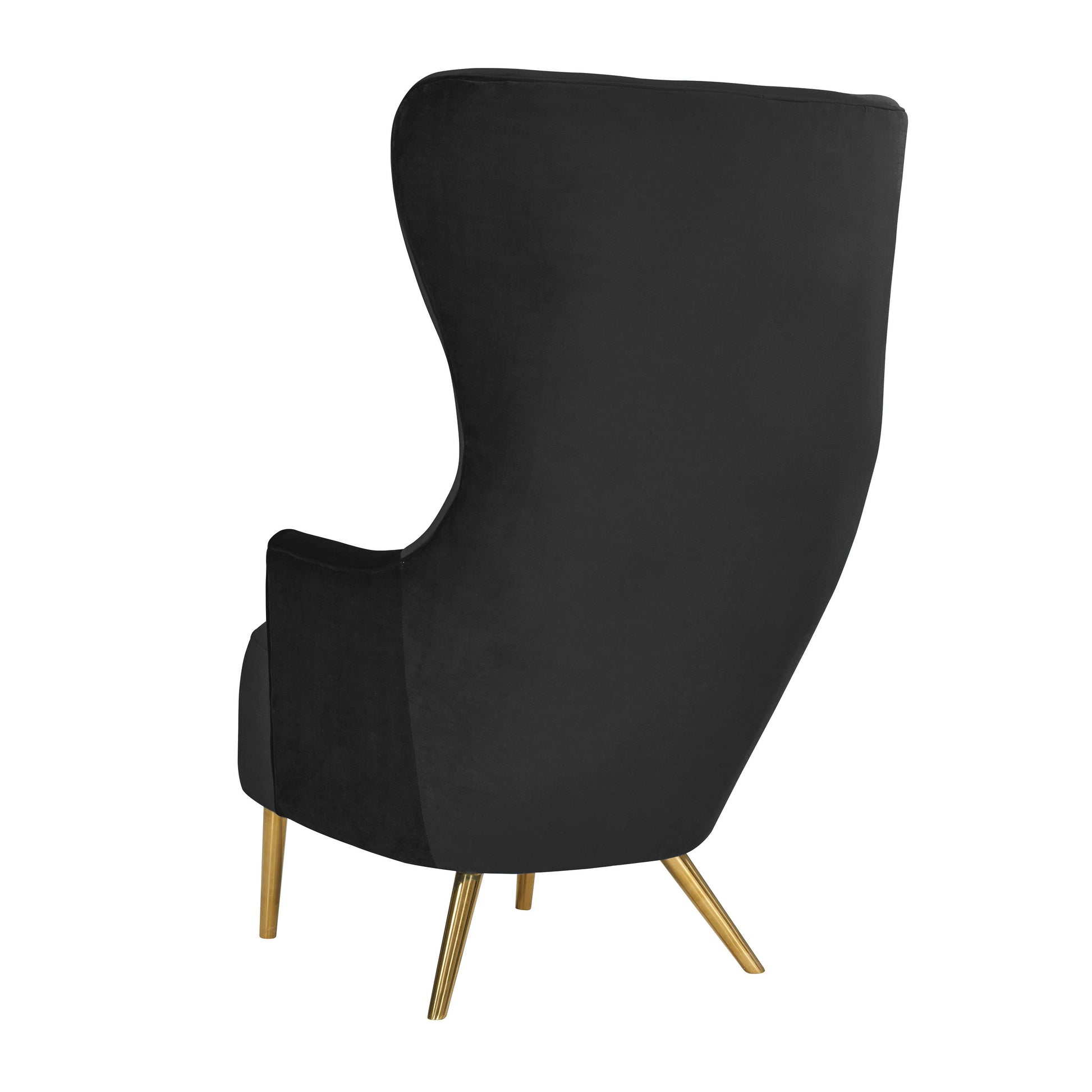 Black high-back accent chair with gold legs, plush upholstery, side armrests visible.