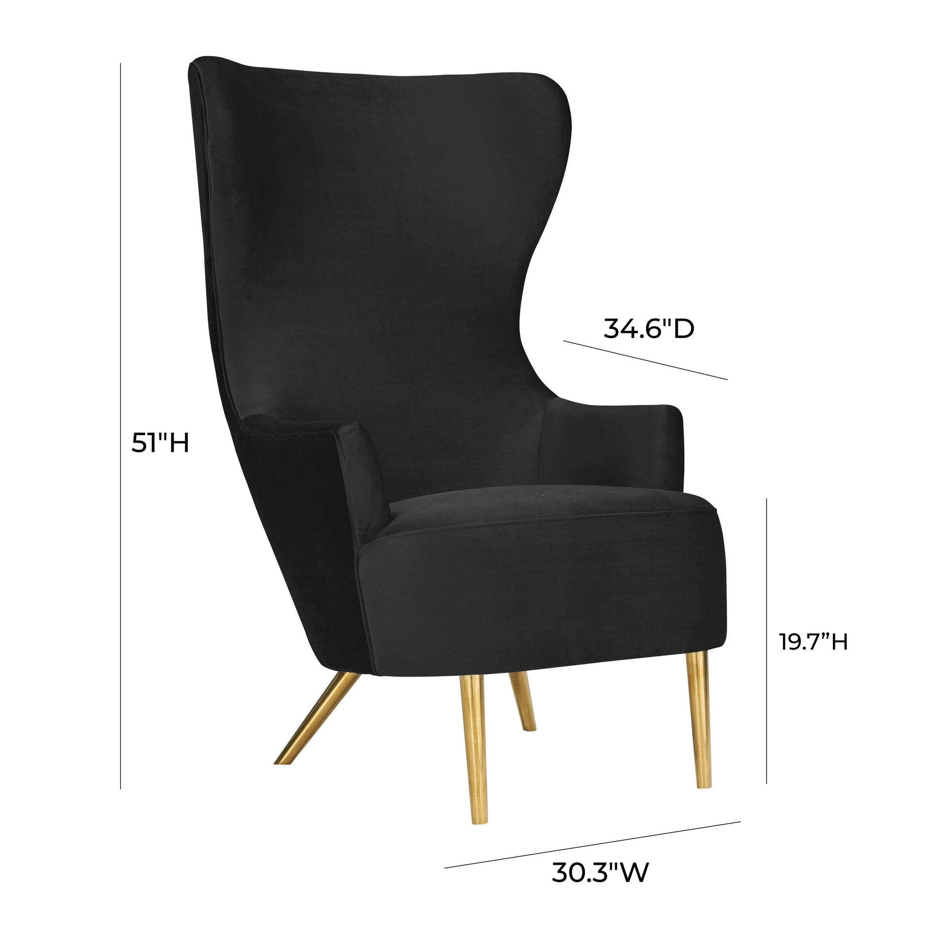 Side view of black high-back chair with gold legs and armrest, showing measurements 51" height and 30.3" width.